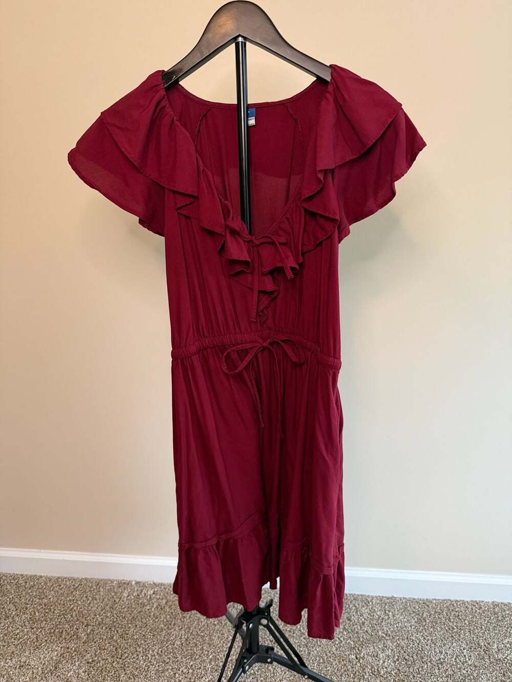 Old Navy Waist-Defined Ruffle-Trim Mini Dress Burgundy Rayon Burgundy